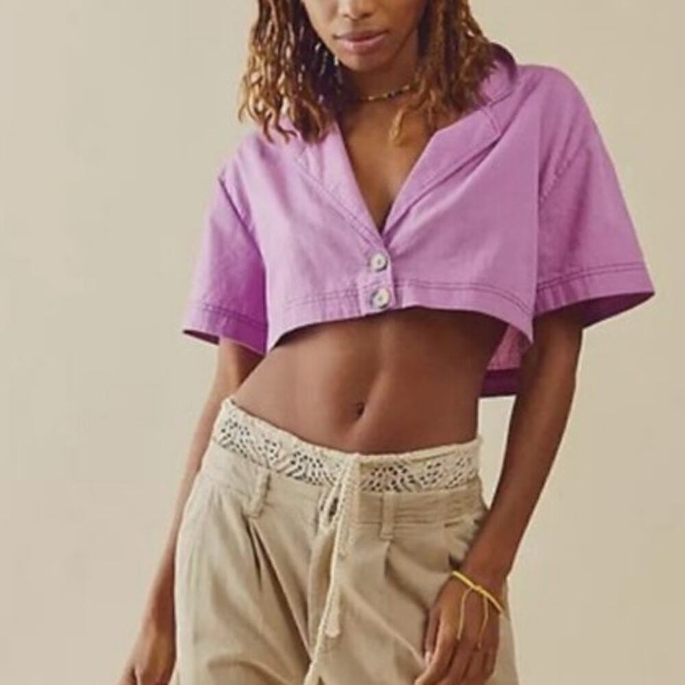Free People Honeydew Cropped Button Down Short Sleeve Top NWT Women's Sized XS